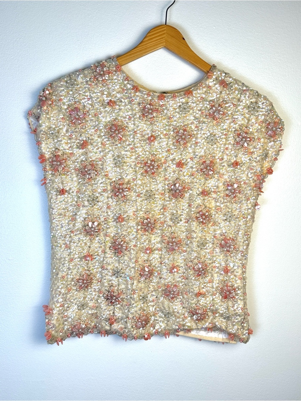 Vintage 50s 60s Hand Beaded Wool Shell Top Sequin Pearl Pastel Hong Kong